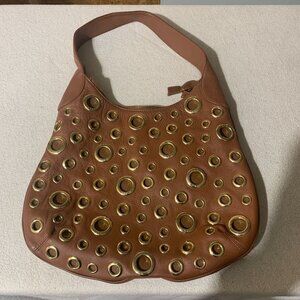 R J GRAZIANO  Brown Leather Shoulder/Handbag with Gold Circle Metal Design